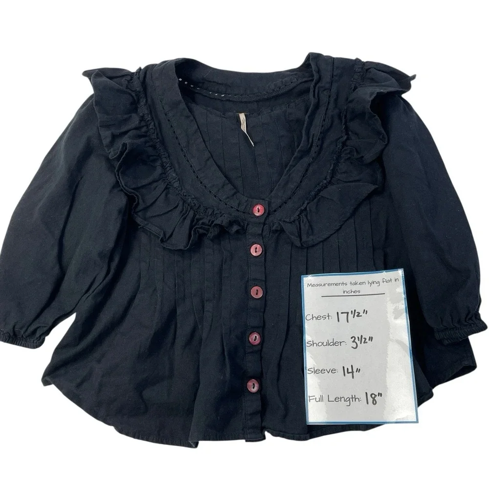 Free People Black Ruffle Pintuck Blouse Peasant Boho Top Size Small